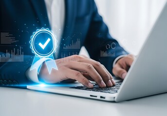 Business professional using a laptop with a glowing verified checkmark symbol indicating successful digital process