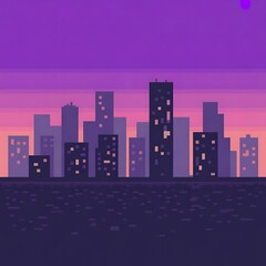 Naklejka premium Pixel art cityscape with purple and pink gradient sky and buildings silhouette night city vibes digital background