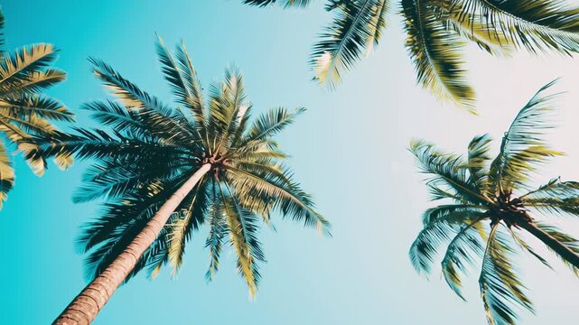 Slow-motion stock footage of two tropical palm trees set against a clear blue sky, with close-up shots of their leaves.