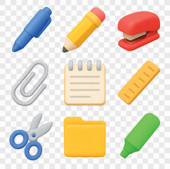 Office Supplies Vector Icon Set | 3D icon set | Pen, Pencil, Stapler, Paperclip, Notepad, Ruler, Scissors, Folder, Highlighter