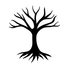 Bare Tree Silhouette with Roots, Branches in Stark Black and White