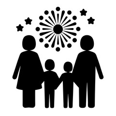 Stylized Silhouette of Family Watching Fireworks Display Under the Stars
