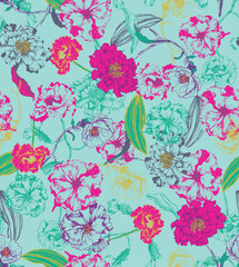 a floral pattern with pink and blue flowers