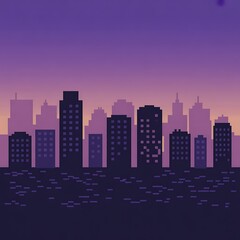 Naklejka premium Pixel Art Cityscape at Sunset with Purple and Orange Sky Retro Style Building Silhouettes and Digital Water Reflections for Graphic Design Projects