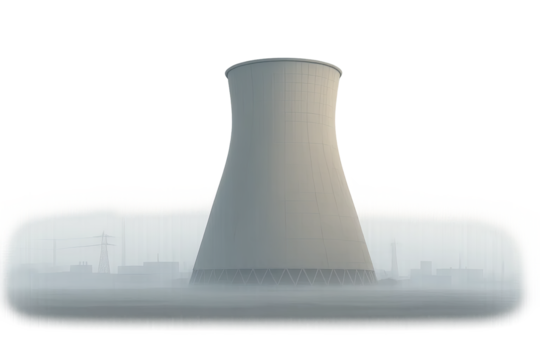 Cooling tower in industrial fog on transparent background