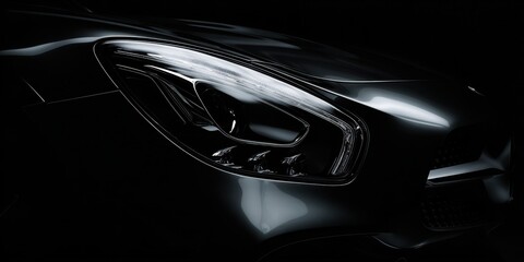 The sleek car headlight illuminated in a dramatic dark setting.