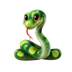 Fototapeta premium A cute cartoon green snake with big eyes and yellow spots, coiled playfully, isolated on a transparent background