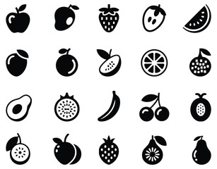 Black and white fruit icons, minimal design, vector set, healthy food, stylized illustration, fruit symbols, editable icons, nutrition concept, isolated fruits