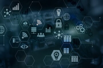Futuristic Technology Backdrop Featuring Hexagonal Grids and Network Icons Overlapping Blurred Circuitry