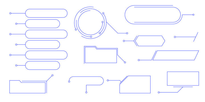 Hud interface text box frame with modern callout title and line border menu. Set of futuristic board shapes for ui web design game presentation or digital banner layout