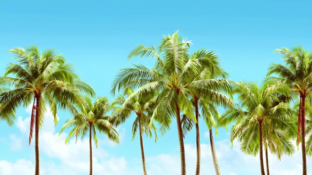 Slow-motion stock footage of two tropical palm trees set against a clear blue sky, with close-up shots of their leaves.