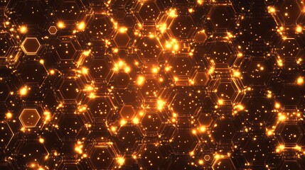 Abstract glowing hexagonal pattern with warm orange and yellow lights