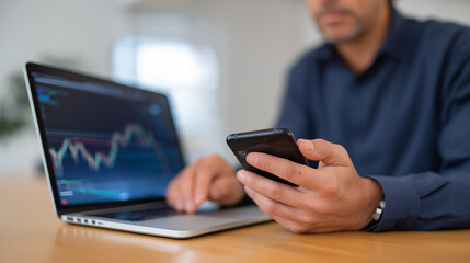 Focused Investor Managing Finances on Laptop and Smartphone