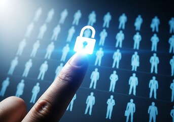 Finger presses glowing padlock icon over rows of stylized human silhouettes representing data security and privacy