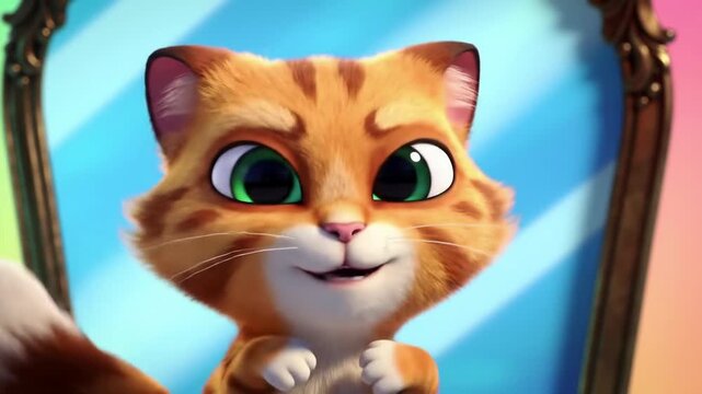Animated orange tabby cat with large green eyes smiling smugly reflected in an ornate mirror frame