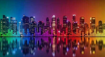 Fototapeta premium Colorful city skyline reflecting on the water at night creates a vibrant and modern urban scene