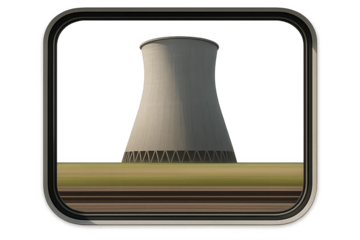 Cooling tower seen through train window on transparent background