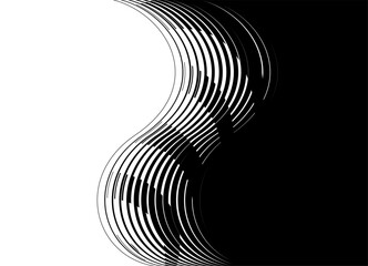 Smooth vector transition from black to white. wavy thin lines. Divided two-color background. Striped Design element for covers, packaging, video. Vector background.