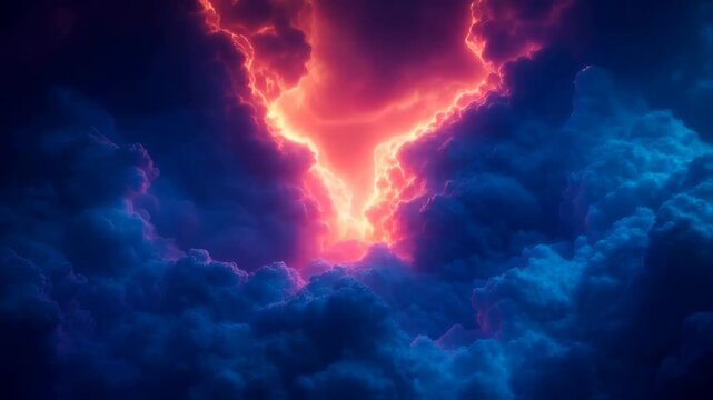 Dramatic cloudscape with vibrant orange and blue hues creating a breathtaking atmospheric scene