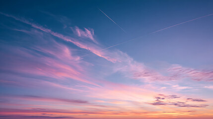 Vivid pink and purple clouds streak across a deep blue twilight sky with contrails sunset