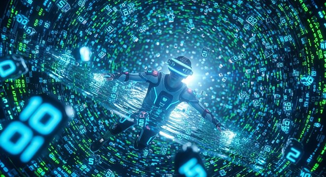 Immersive vr experience: futuristic digital world with augmented reality avatar diving in data