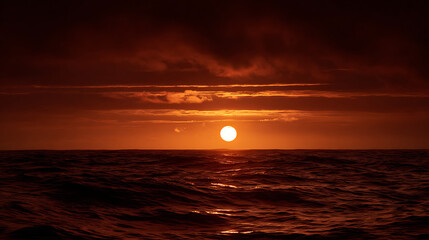 Fiery sun descends over dark ocean waves under dramatic clouds sunset