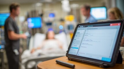 Focused medium shot showing electronic consent signing by a preop patient with a tactilefeedback stylus hospital staff and equipment blurred behind.