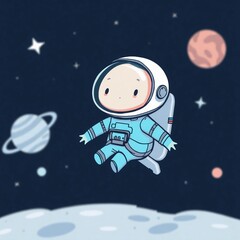Cartoon astronaut floating in space with planets and stars in the background