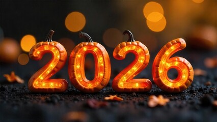 Festive 2026 Halloween Pumpkin Number Display with Glowing Warm Lights on Dark Backdrop