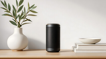 Smart Home Audio System with Minimalist Decor and Natural Elements on a Wooden Surface