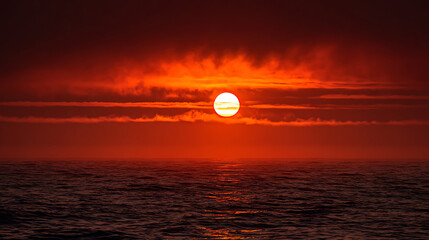Fiery sun setting over dark ocean waves casting dramatic reflections sunset