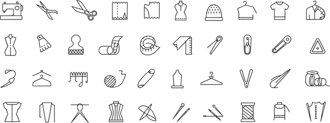 Sewing and Tailoring Icon Set – Scissors, Thread, Sewing Machine, Measuring Tape, Needle, Pins, Fabric, Dress Form, Hanger Vector