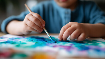 Naklejka premium A child's joyful watercolor painting experience on thick paper