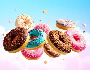 Doughnut donuts in various toppings in dreamy cloud land