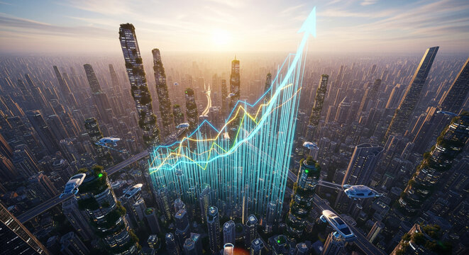 Futuristic Cityscape with Growth Graph and Sustainable Skyscrapers at Sunset - Powered by Adobe