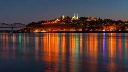 Fototapeta premium Colorful city lights reflected on a calm river at night.