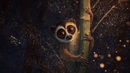Slow loris clinging to a bamboo stalk under a starlit jungle sky wide eyes glowing softly
