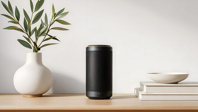 Smart Home Audio System with Minimalist Decor and Natural Elements on a Wooden Surface