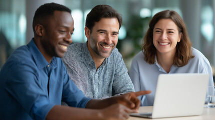 Diverse Team Collaborates Over Laptop in Bright Meeting Room