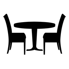 Simple black and white illustration of a round table and two chairs