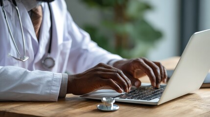 african american doctor wear white coat typing using laptop computer mock up white screen browsing internet sitting at work desk healthcare medical e health website technology concept close up view n