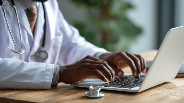 african american doctor wear white coat typing using laptop computer mock up white screen browsing internet sitting at work desk healthcare medical e health website technology concept close up view n