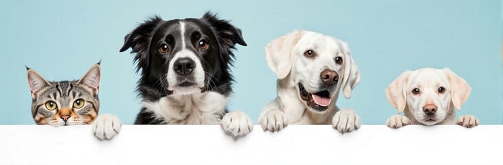 Fototapeta premium Cute animals, including a cat and three dogs, peeking over a white banner against a blue background.