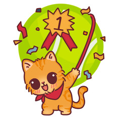 Cute Cartoon Cat Holding Tennis Ball with First Place Award, Happy Winner Kitten