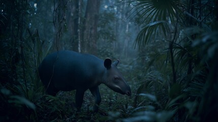 Tapir walking through dense Amazon jungle undergrowth low light filtering through the canopy