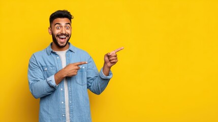 excited happy positive young indian man student pointing aside with fingers hand gesture at copy space advertising product presenting sale discount promo offer standing isolated on yellow background