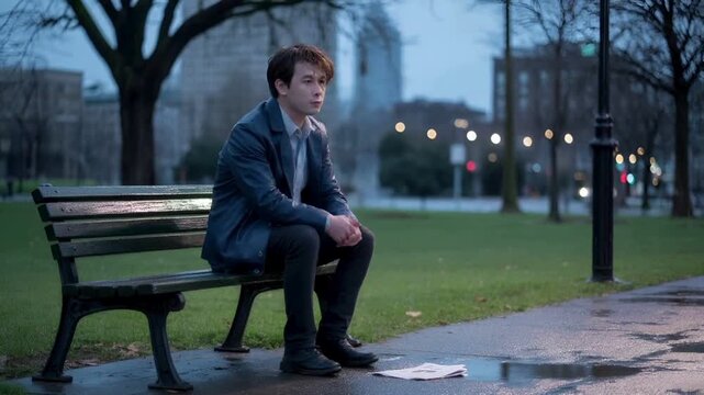 Young Man Sitting on a Bench in a Park, Feeling Lost and Discouraged