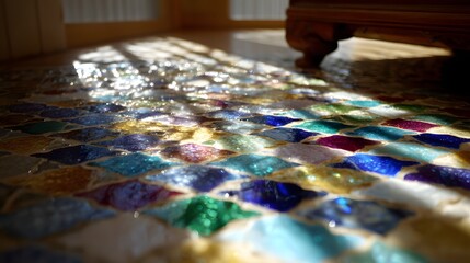 Fototapeta premium Colorful mosaic tile floor with sunlit reflections.