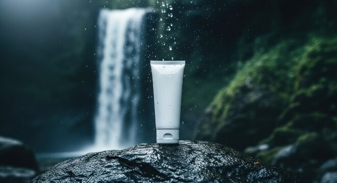 White tube of product on a rock, waterfall in the background - Powered by Adobe
