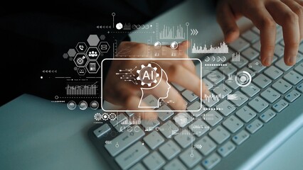 Hands Typing on Keyboard with AI Conceptual Overlays Representing Technology, Innovation, and Advanced Digital Solutions. Asymptotic smart data analytic.